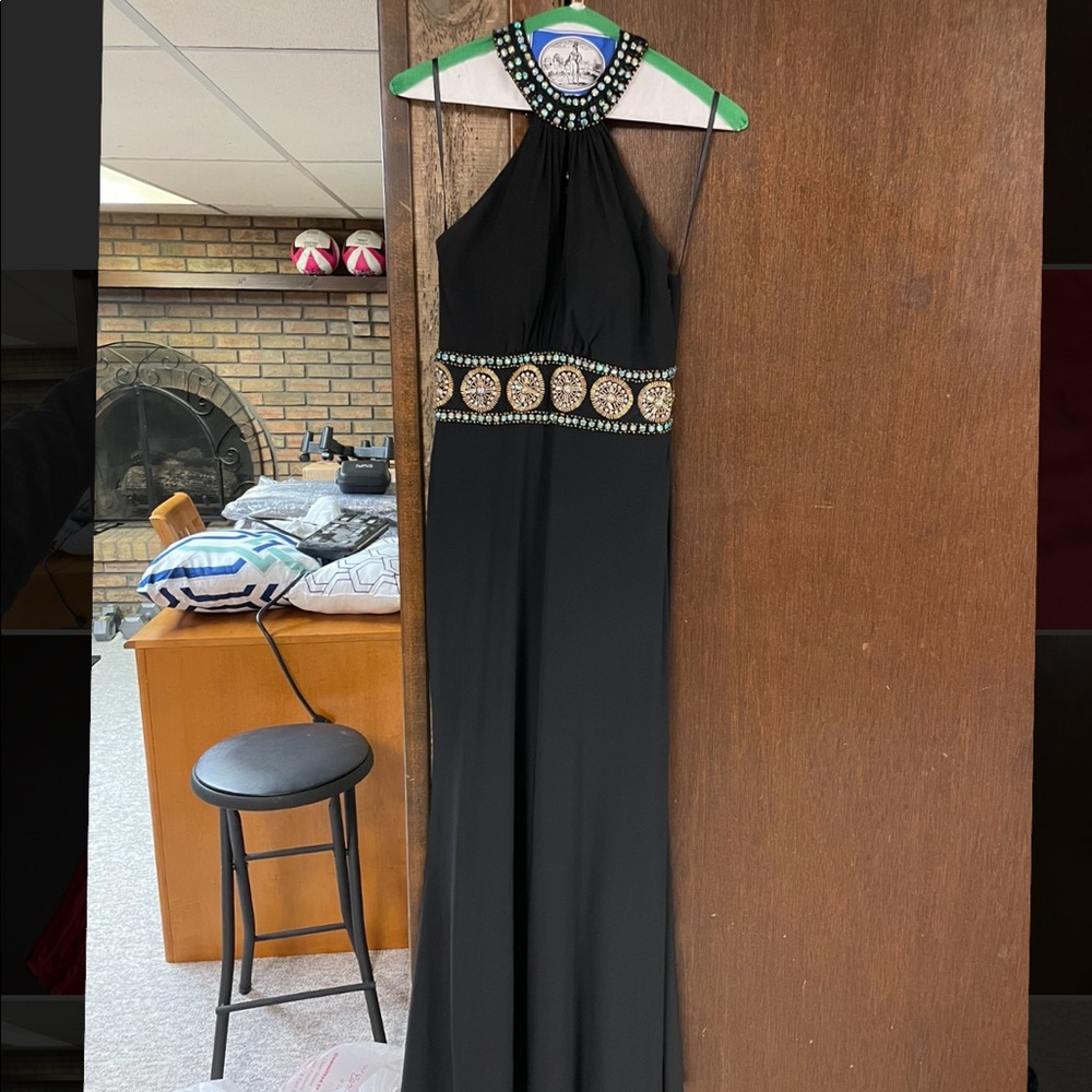 Prom dress with high neck line, detailed beading, open at cleavage. Prom!